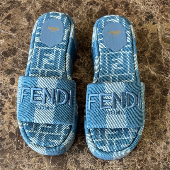 Fendi Shoes - Fendi denim jacquard striped blue slide platform sandals sz 39